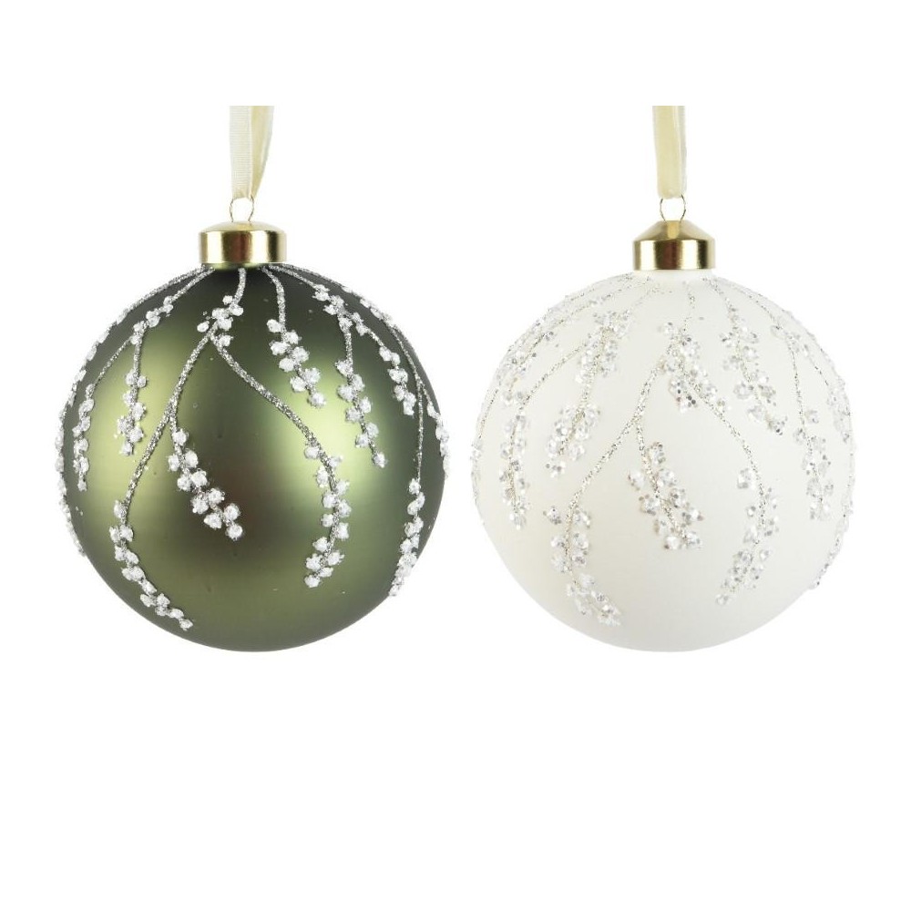 SFERA VETRO D.12CM. BIANCO VERDE RAMI INNEVATI